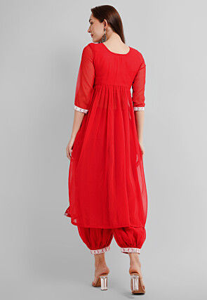 Embroidered Georgette Alia Cut Punjabi Suit in Red