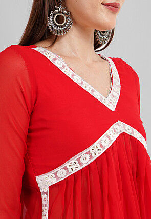 Embroidered Georgette Alia Cut Punjabi Suit in Red
