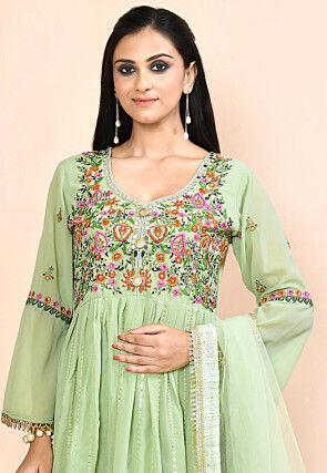 Embroidered Georgette Aline Suit in Green