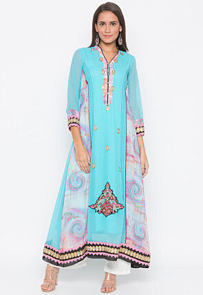Embroidered Georgette Anarkali Kurta in Light Blue