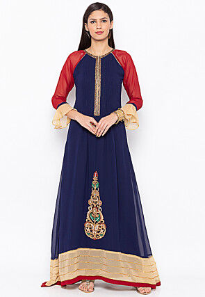 Embroidered Georgette Anarkali Kurta in Navy Blue
