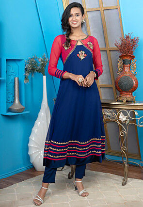 Embroidered Georgette Anarkali Kurta in Navy Blue