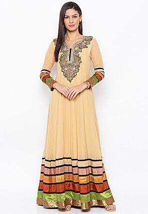 Embroidered Georgette Anarkali Kurta Set in Beige