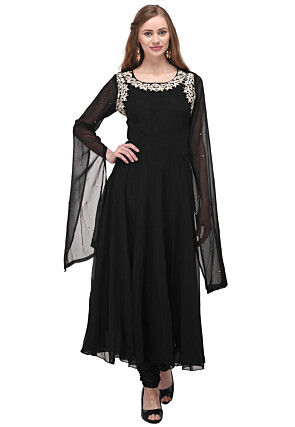 Embroidered Georgette Anarkali Kurta Set in Black