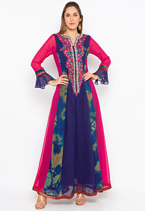 Embroidered Georgette Anarkali Kurta Set in Dark Blue