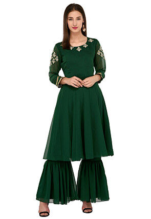 Embroidered Georgette Anarkali Kurta Set in Dark Green