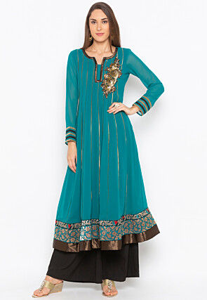 Embroidered Georgette Anarkali Kurta Set in Green