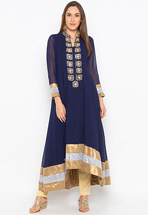 Embroidered Georgette Anarkali Kurta Set in Navy Blue