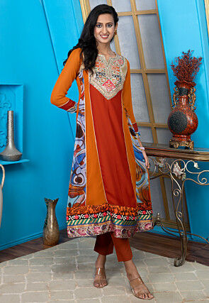 Embroidered Georgette Anarkali Kurta Set in Rust