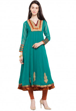 Embroidered Georgette Anarkali Kurta Set in Teal Blue