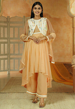 Embroidered Georgette Anarkali Suit in Beige