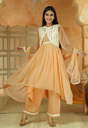 Embroidered Georgette Anarkali Suit in Beige