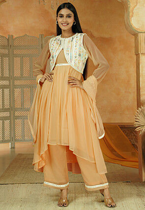 Embroidered Georgette Anarkali Suit in Beige