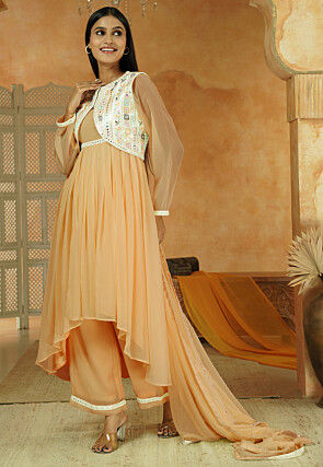 Embroidered Georgette Anarkali Suit in Beige
