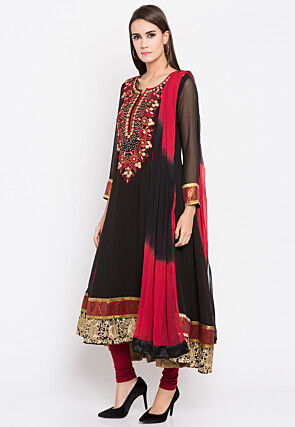 Embroidered Georgette Anarkali Suit in Black