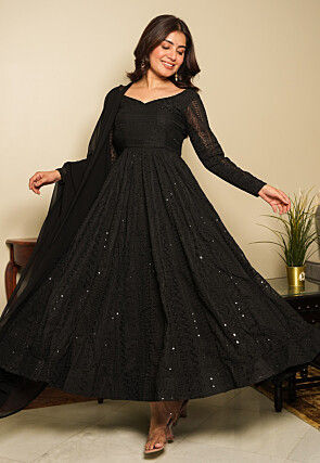 Embroidered Georgette Anarkali Suit in Black