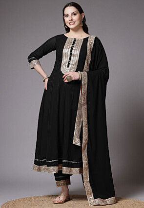 Embroidered Georgette Anarkali Suit in Black