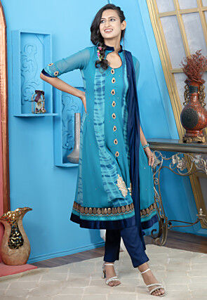Embroidered Georgette Anarkali Suit in Blue