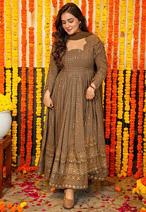 Embroidered Georgette Anarkali Suit in Brown