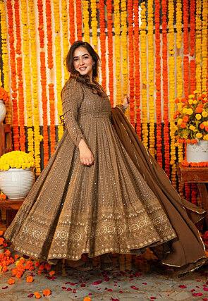 Embroidered Georgette Anarkali Suit in Brown