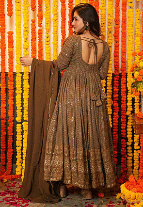 Embroidered Georgette Anarkali Suit in Brown