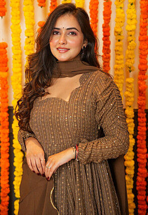 Embroidered Georgette Anarkali Suit in Brown