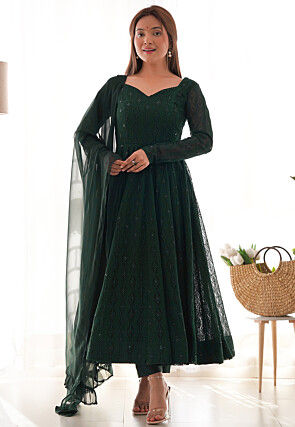 Embroidered Georgette Anarkali Suit in Dark Green