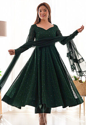 Embroidered Georgette Anarkali Suit in Dark Green
