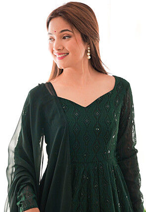 Embroidered Georgette Anarkali Suit in Dark Green