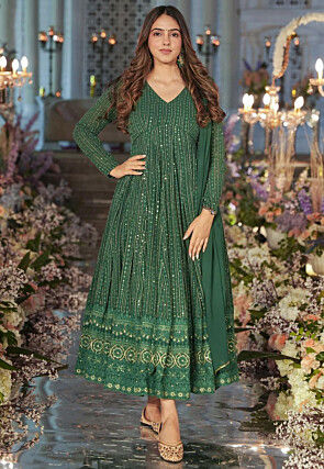 Embroidered Georgette Anarkali Suit in Dark Green
