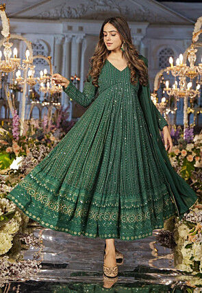 Embroidered Georgette Anarkali Suit in Dark Green