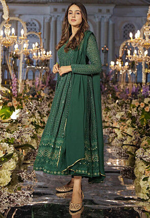 Embroidered Georgette Anarkali Suit in Dark Green