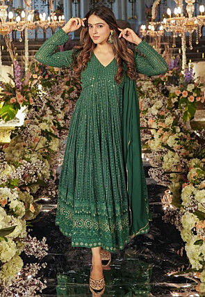 Embroidered Georgette Anarkali Suit in Dark Green