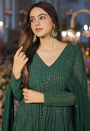 Embroidered Georgette Anarkali Suit in Dark Green
