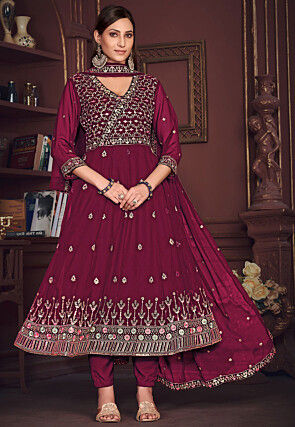 Embroidered Georgette Anarkali Suit in Dark Pink