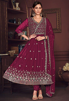 Embroidered Georgette Anarkali Suit in Dark Pink
