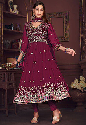 Embroidered Georgette Anarkali Suit in Dark Pink