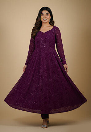 Embroidered Georgette Anarkali Suit in Dark Purple