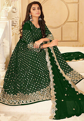 Heavy Designer Wedding Wear Georgette Salwar Suit Bottel Green Real Georgette Lehenga Anarkali