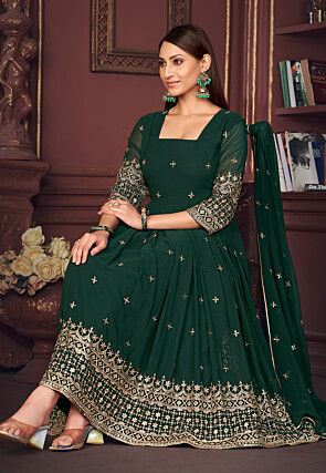 Embroidered Georgette Anarkali Suit in Green