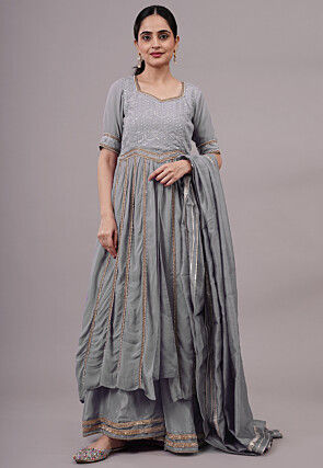 Embroidered Georgette Anarkali Suit in Grey