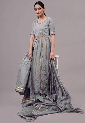 Embroidered Georgette Anarkali Suit in Grey