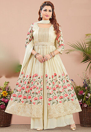 Embroidered Georgette Anarkali suit in Light Beige