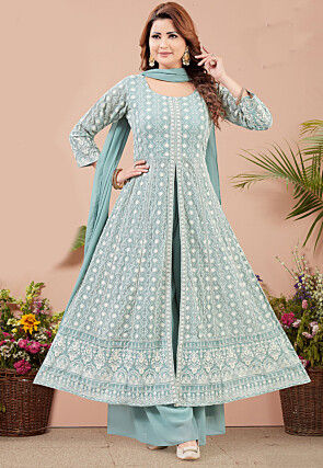 Embroidered Georgette Anarkali Suit in Light Blue