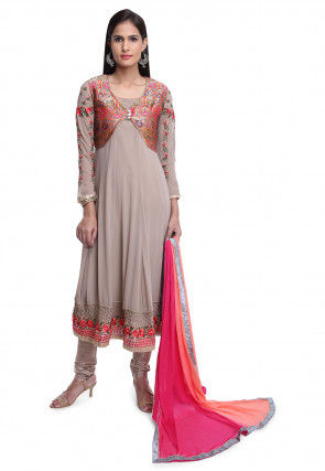Embroidered Georgette Anarkali Suit in Light Fawn