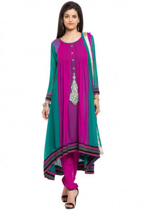 Embroidered Georgette Anarkali Suit in Magenta and Teal Green