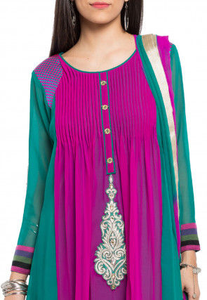 Embroidered Georgette Anarkali Suit in Magenta and Teal Green