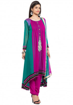 Embroidered Georgette Anarkali Suit in Magenta and Teal Green