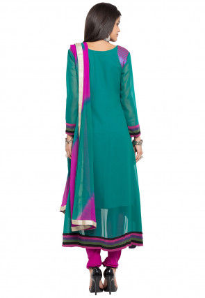 Embroidered Georgette Anarkali Suit in Magenta and Teal Green