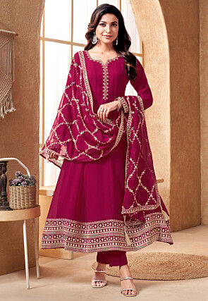 Embroidered Georgette Anarkali Suit in Magenta